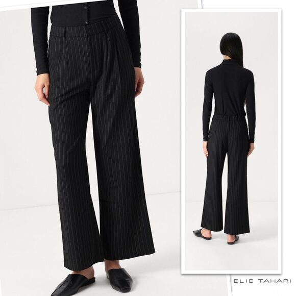 Elie Tahari Black Pinstriped Pleated Wide Leg Pants Size Medium - Picture 1 of 12